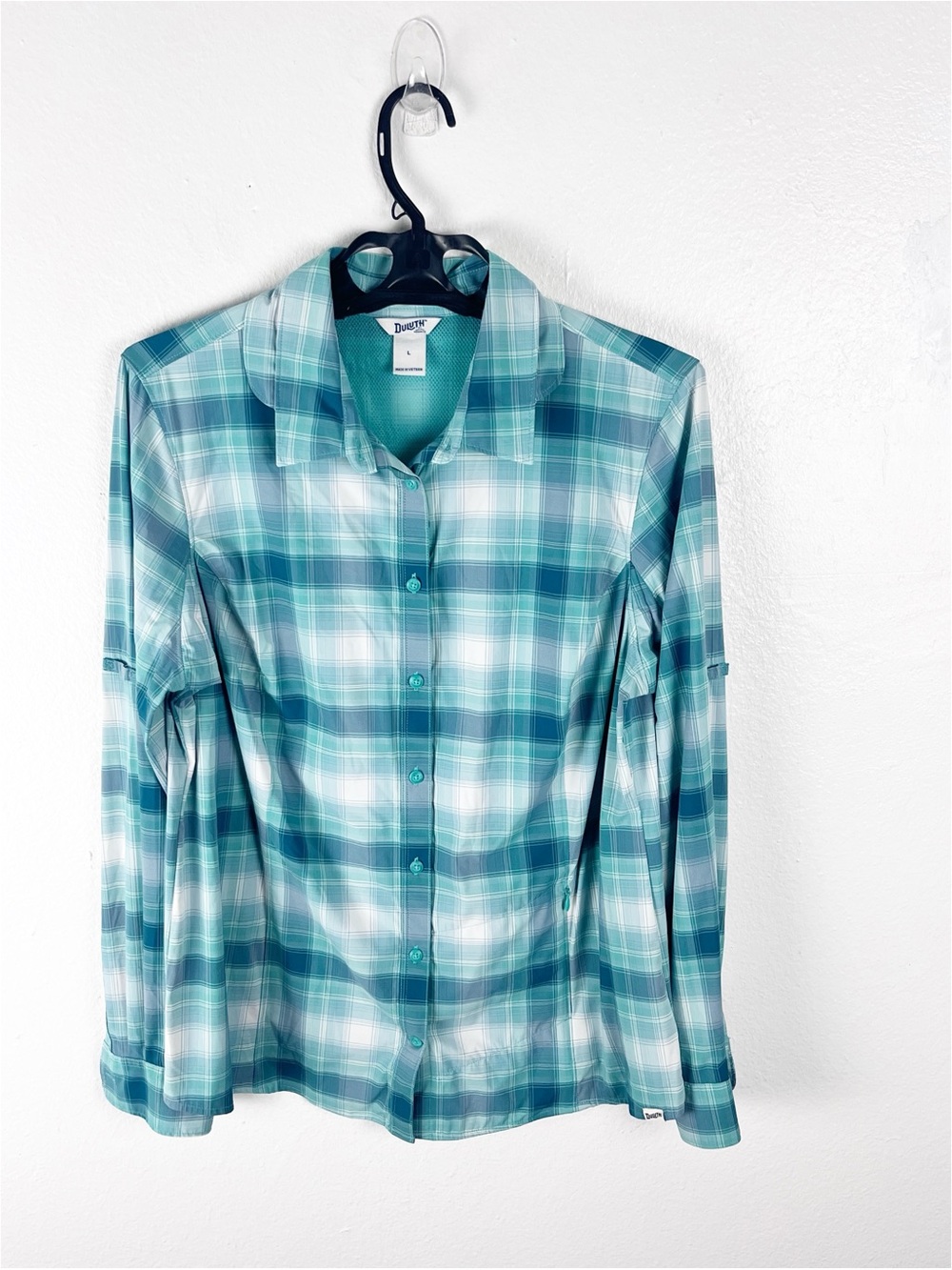 DULUTH Green Plaid Sidewinder Sun Collar Tab Sleeve UPF 30 Gardening Shirt Large
